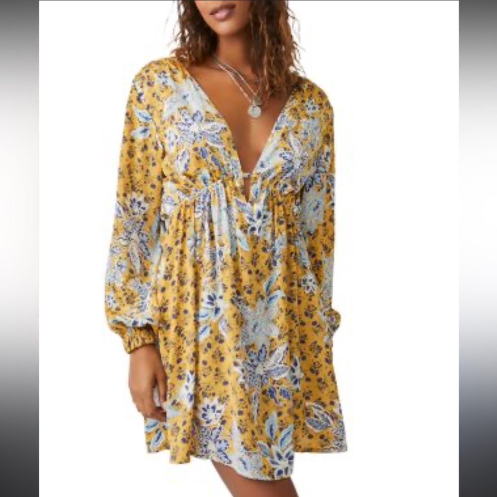 Free People Gold Long Sleeve Sundress with Plunge Neckline XS